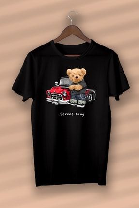Teddy Bear Street King Baskılı Organik Pamuk Siyah Unisex - Kadın - Erkek - T-shirt HB-161