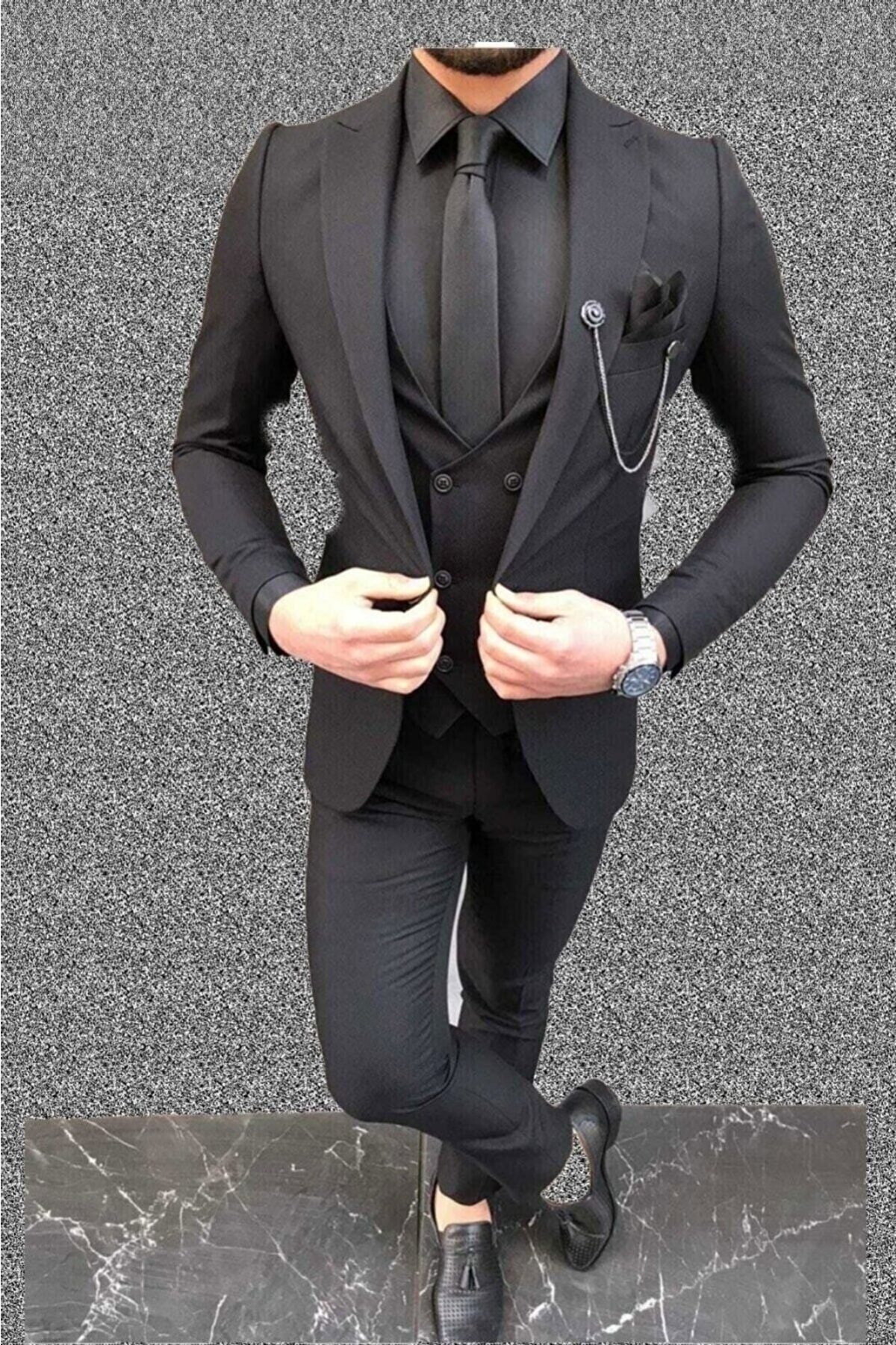 Genel Markalar Slim Fit Dar Kesim Yelekli Takım Elbise (yaka Süsü Ve Kravat Hediye)