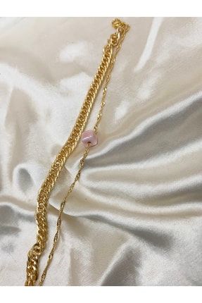 Kadın Altın Renk Kalın Zincirli Pudra Boncuklu Ikili Halhal Set HLHL0000he