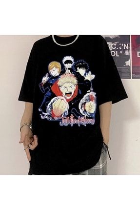 Siyah Jujutsu Kaisen Büyük Baskılı Geniş Kesim Unisex Anime T-shirt tişört-jujutsu-renkli