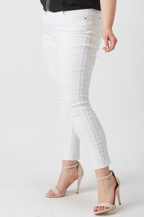 Beyaz Bir Beden Incelten Büyük Beden Likralı Pantalon 2089