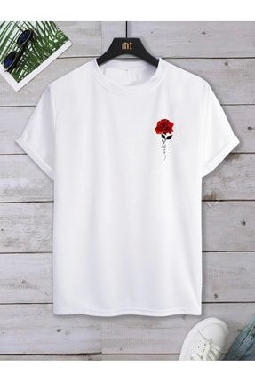Oversize Red Rose Baskılı Beyaz Tshirt mdl-newseason-s31