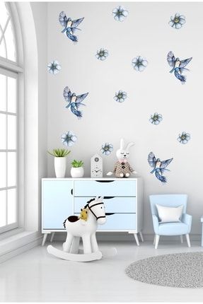Mavi Kuş Ve Çiçekler Dekoratif Duvar Sticker TA-CS160