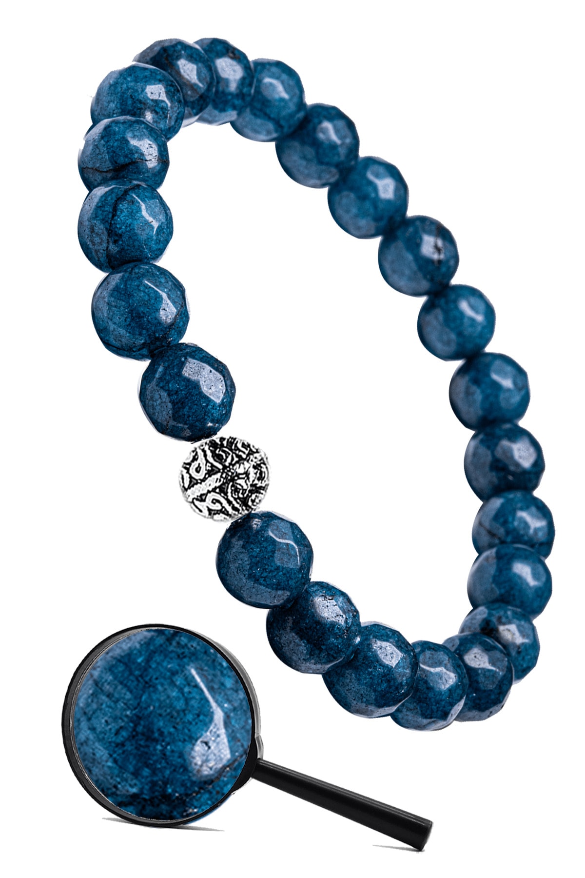 Tesbih Atölyesi Sertifikalı Gümüş Aparatlı Fasetli Doğal Mavi Akik Taşı Bileklik