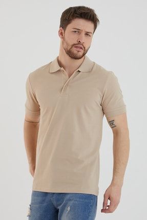 Bej Erkek Polo Yaka Düz Renk Slim Fit T-shirt P7025