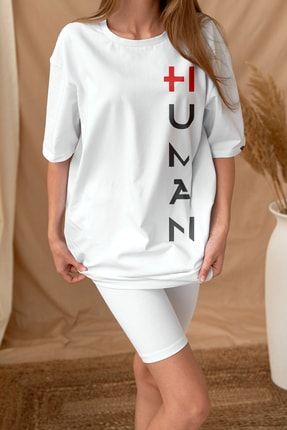 Azurco Oversize Human Baskılı Beyaz Tshirt OVRSZTSHRT15