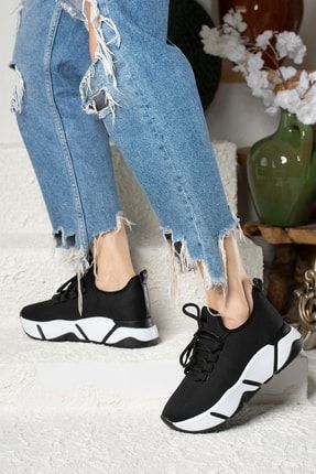Siyah - Günlük Kadın Sneaker Bağcıklı Triko Esnek Hafif Ve Kalın Tabanlı Yürüyüş Spor Ayakkabı 400 PRA-5825244-977128