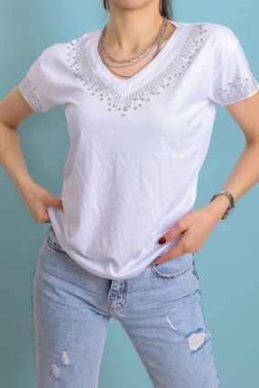 Kadın Beyaz V Yaka Taş Işlemeli V Yaka T-shirt TSH-2021208