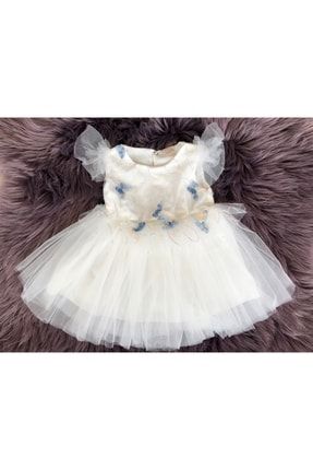 Kız Çocuk Renkli Kelebekli Beyaz Tül Kat Kat Şirine Prenses Elbise s321322214