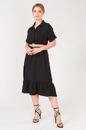 Kadın Etek Ucu Volanlı Hasır Kemerli Elbise Siyah BGD.2292