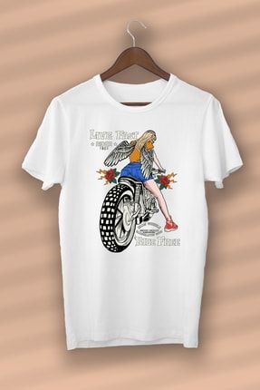 Motorcu Kadın Baskılı Organik Pamuk Beyaz Unisex - Kadın - Erkek- T-shirt Nux Boutique HB-107