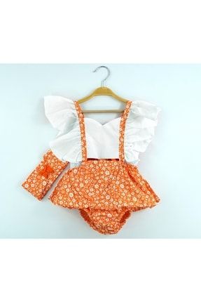 Etekli Bandanalı Kız Bebek Elbise -çiçek Desenli Kız Bebek Elbisesi 2122TW