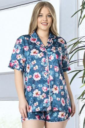 Kadın Saten Büyük Beden Kısa Kol Komple Düğmeli Şortlu Pijama Takım 22ILK-1608835024