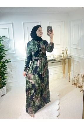 Aleyna Pamuk Viskon Elbise - Yeşil Kahve Palmiye MK3337