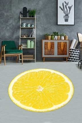 Sarı Limon Desenli Limonlu Desen Dijital Baskı Yıkanabilir Kaymaz Taban Yuvarlak Salon Halısı AYDYUMD1