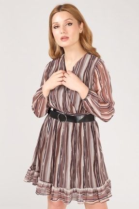 Kadın Bel Kemerli Etek Ucu Fırfırlı Şifon Elbise Kahverengi BRR.BE-7621