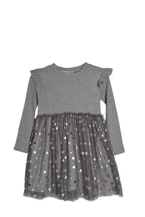 Gri Melanj Renkli Fırfır Detaylı Tül Etekli Kız Çocuk Örme Elbise-ek 218576 |silversun 22K010000526