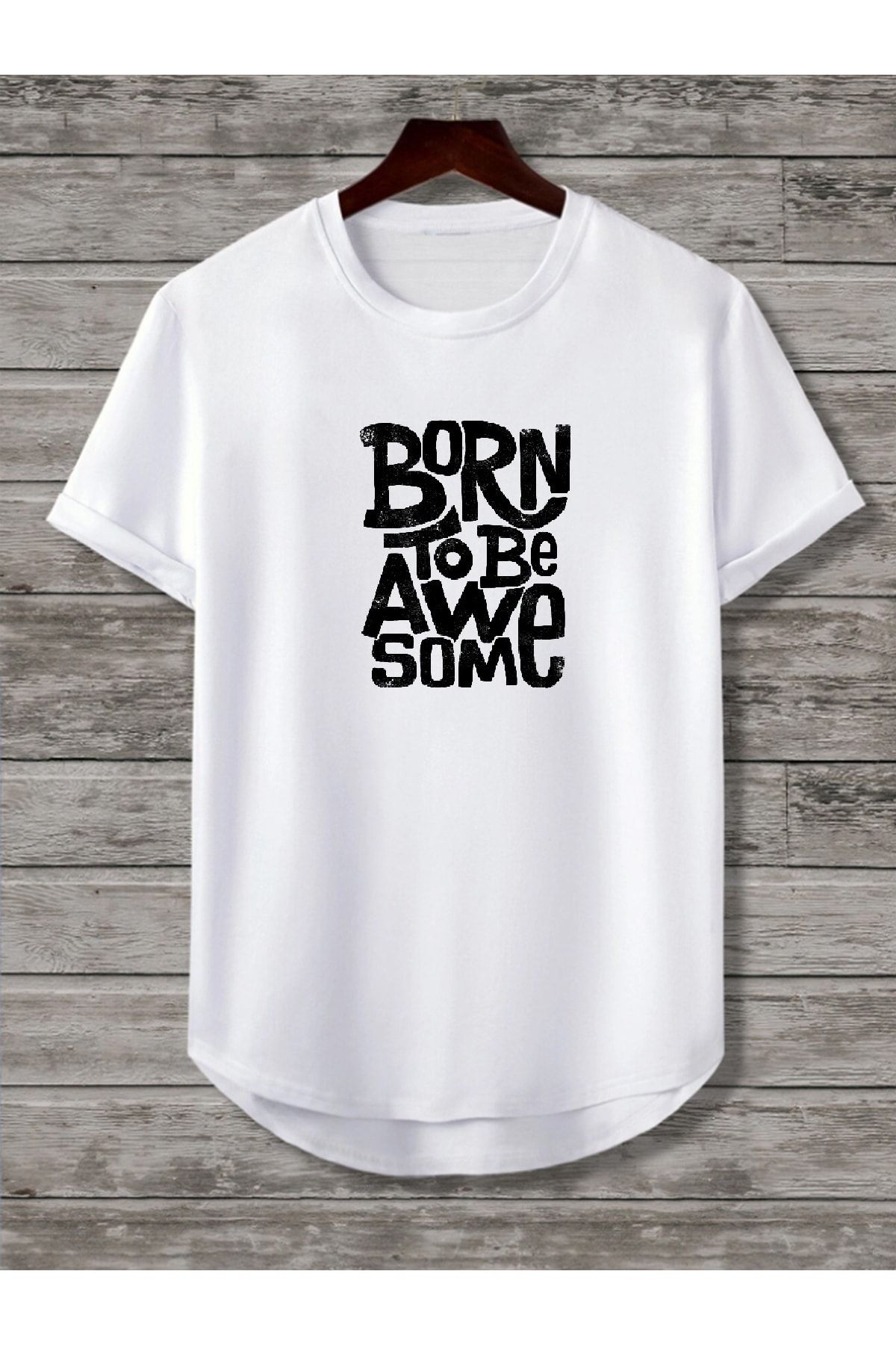 CANDEL-Unisex Double Set Bottom Oval Slim Fit Born To Be Print T-shirt 2