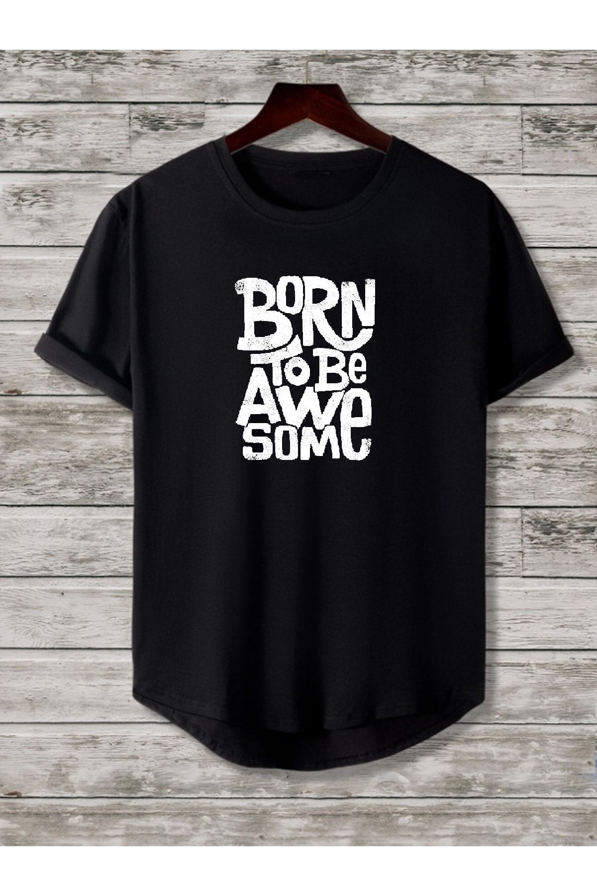 CANDEL-Unisex Double Set Bottom Oval Slim Fit Born To Be Print T-shirt 3