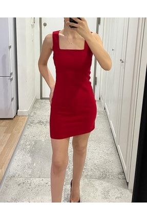 Kırmızı Mini Boy Kare Yaka Kalem Elbise SHPKRTZ09