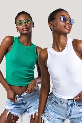 Kadın Yeşil Beyaz Halter Yaka Fitilli 2'li Paket Crop Bluz halterbluzset