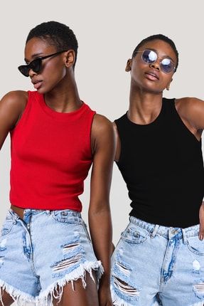 Kadın Siyah Kırmızı Halter Yaka Fitilli 2'li Paket Crop Bluz halterbluzset