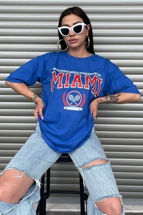 Miami Oversize Kadın Baskılı Mavi T-shirt MİAMİTENİS