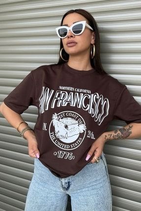 Kadın Oversize Penye Kahve San Francisco Baskılı T-shirt SANFRAN-MDGN
