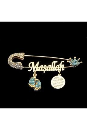 Erkek Bebek Mavi Maşallah Yazılı Yaka Iğnesi 02 BKI009