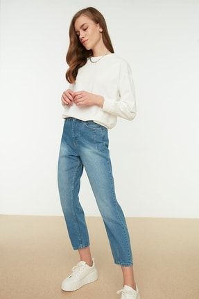 Indigo Yüksek Bel Dikiş Detaylı Yıkamalı Jeans MOM0003