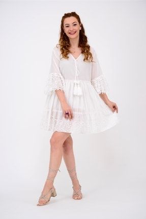 Kadın Bohem Püskül Detay Kısa Beyaz Elbise XT026PM