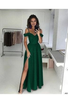 Kadın Yeşil, Krep Kumaş Askılı Prenses Elbise RM-32390