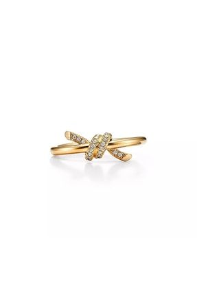 Gold Renk Taşlı Tiffany Model Düğüm Yüzük Yüksek Kalite Üretim 925 Ayar Gümüş LUNAJ220087