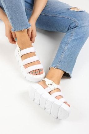 Beyaz Dalgıç Kumaş Biyeli Kadın Sandalet 3504