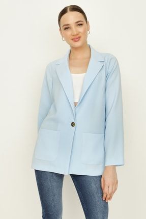 Kadın Mavi Tek Düğmeli Blazer Ceket SM00034