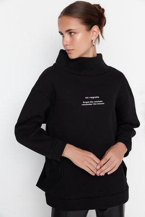 Siyah Dik Yaka Renk Bloklu Loose Kalın İçi Polarlı Örme Sweatshirt TWOAW23SW00034