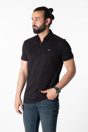 Erkek Siyah Heavy Weıght Fermuarlı Polo Yaka T-shirt CNL05152Y267