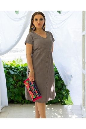 Kadın Vizon Karmen Kısa Kollu Düğme Detay Elbise EZG616KARMEN