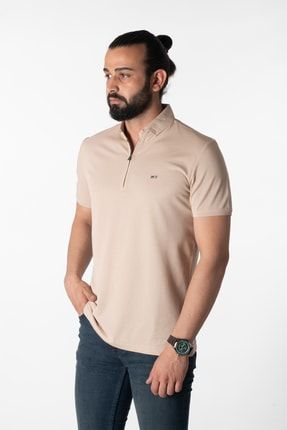 Erkek Bej Heavy Weıght Fermuarlı Polo Yaka T-shirt CNL05152Y267