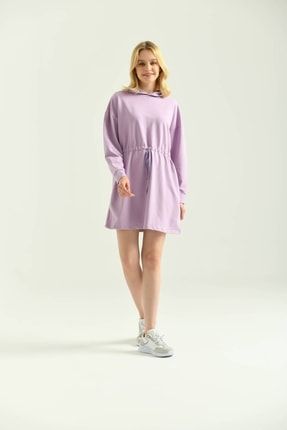 Lila Kapüşonlu Bağlama Detay Mini Örme Sweat Elbise MM22EL0285