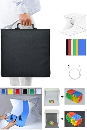 40cm x 40cm Katlanabilir Ürün Çekim Kabini Foto Çadırı + 6 Renkli Fon Kağıdı Studio Box Flash Ledli t60a