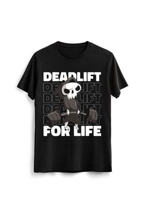 Unisex Erkek Kadın Deadlift Spor Ağırlık Antrenman Skull Baskılı Tasarım Siyah Tişört Tshirt LAC00653