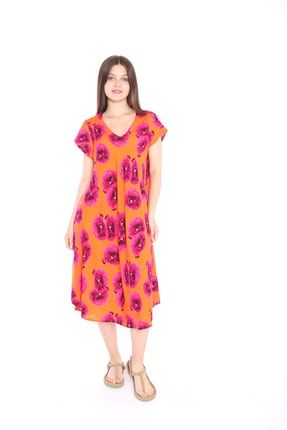 Kadın Çiçek Desenli Volanlı V Yaka Kısa Kollu Uzun Çan Dökümlü Viskon Yazlık Elbise TRSE1011