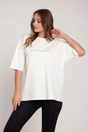 Kadın Beyaz Oversize Baskılı Pamuklu T-Shirt RVNTY203
