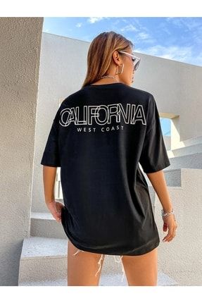 Kadın Siyah California Baskılı Oversize T-shirt SRN-CALIFORNIA
