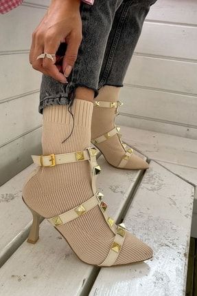 Kadın Tokalı Çizgili Örgü Triko Bot Sivri Burun Streç Çorap Kadeh Ince Topuk Günlük Ayakkabı 165 PRA-4854866-523089
