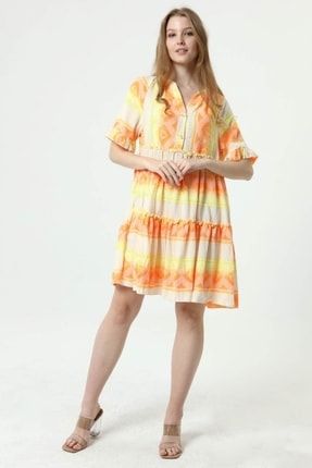 Elbise 3 Düğmeli Dik Yaka 3 Kat ½ Kol Kendinden Motifli - Orange 22107900207