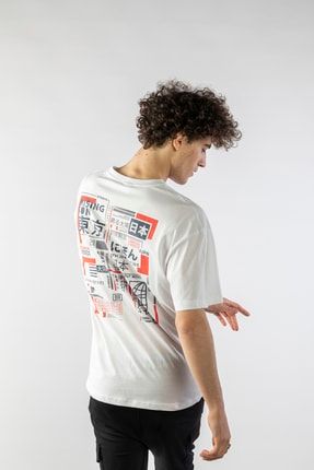 Beyaz Erkek Tokyo Yazı Baskılı Oversize Kısa Kollu T-shirt PJ1013