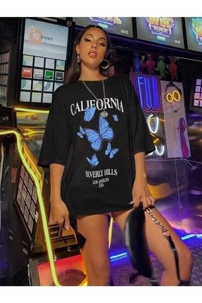 Siyah Oversize Tshirt California Kelebekler Baskı california