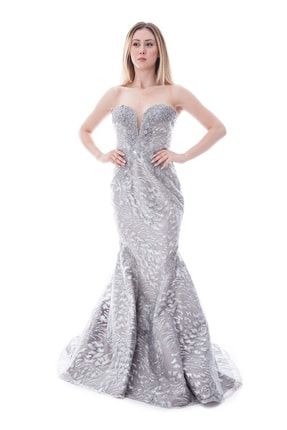 Gri Balık Kesim Dantel Ve Taş Işlemeli Straplez Haute Couture Özel Dikim Abiye Elbise 1ABAT4310LF